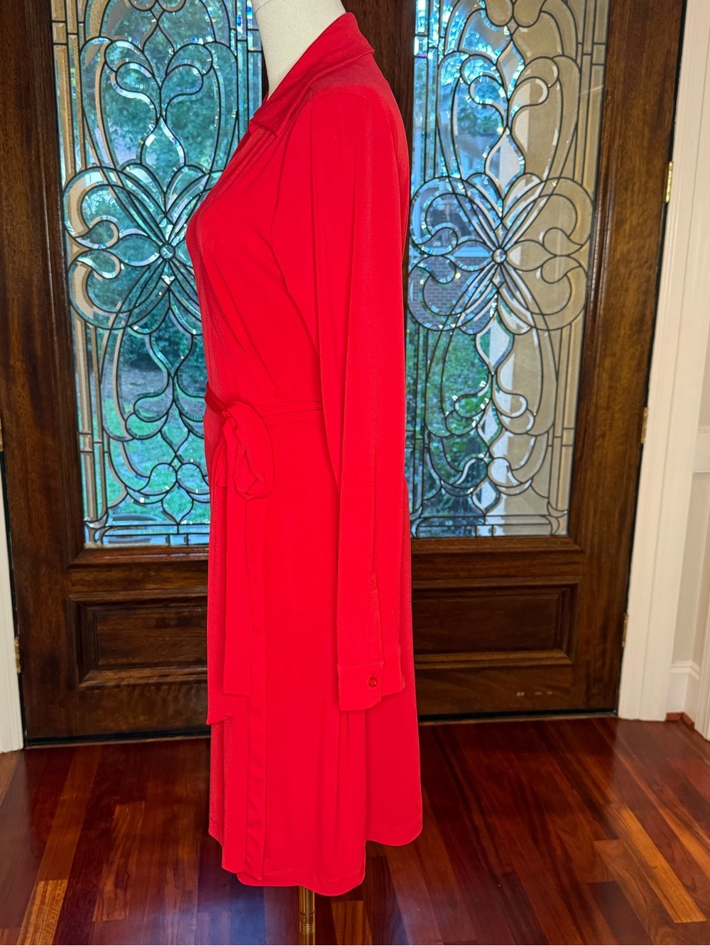 Calvin Klein Red Faux Wrap Tie Waist Long Sleeve Dress Sz 10 - Picture 4 of 6